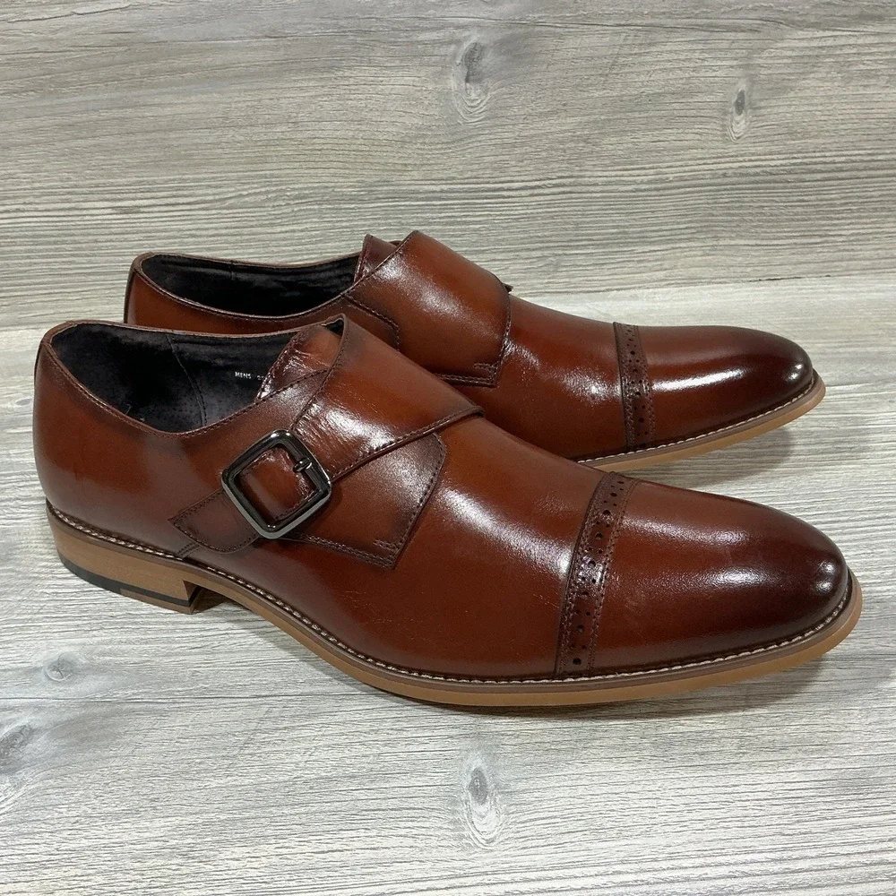Stacy Adams Desmond Shoes Cap Toe Monk Strap Cognac Leather 25162-221 Men's 13 M